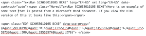 Screen capture of code pasted directly from Microsoft Word. It shows multiple span tags and unnecessary code elements